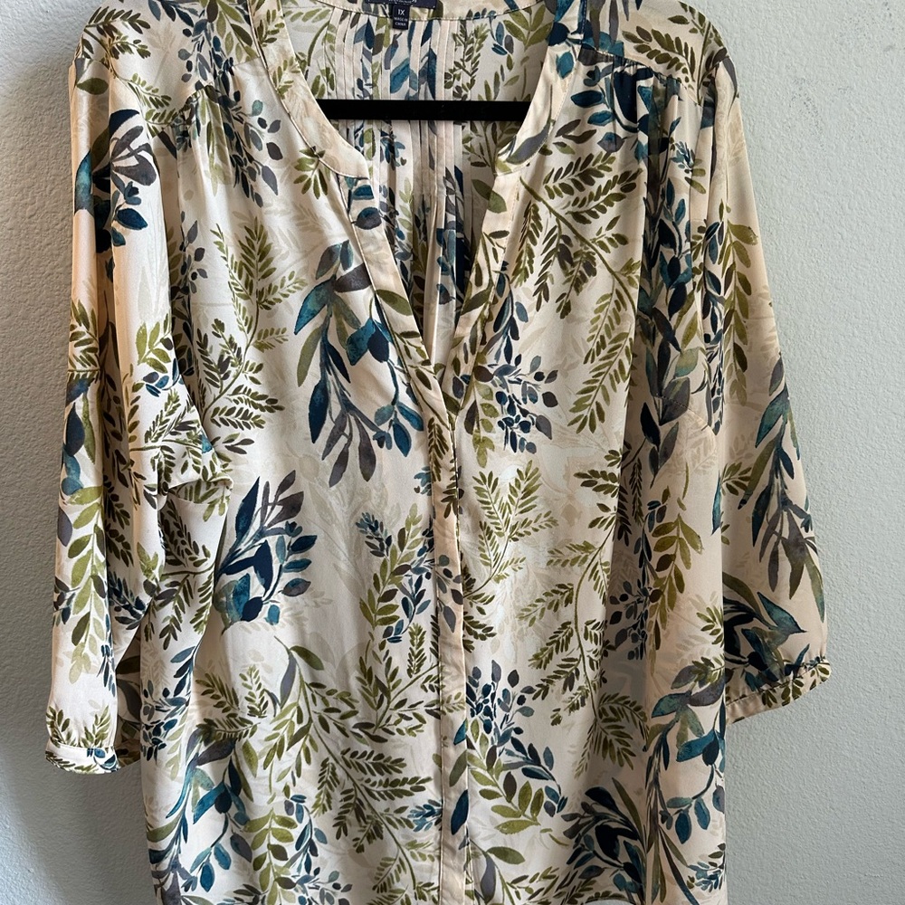 NYDJ Leaf Print Blouse - Cream and Blue